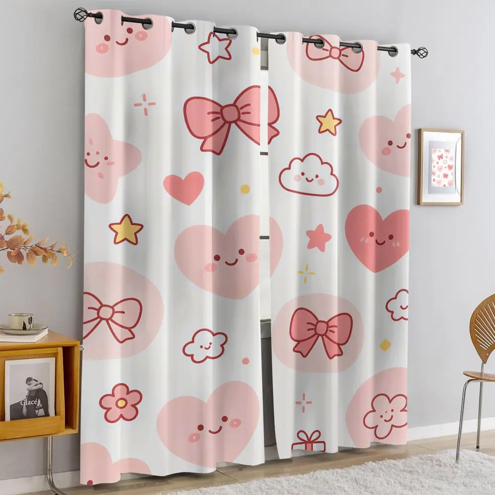 Pink Bow Heart Cartoon Printed Curtains 2 Panels Light Blocking Rate 85% Darkening Decoration Curtains Girly Bedroom Shade