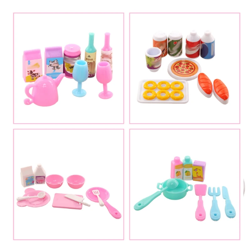 Mini cocina de casa de muñecas para Barbie, juego de cena de 43 piezas, tenedor, plato, Pizza, sopa, vajilla, juguetes bonitos para niños,