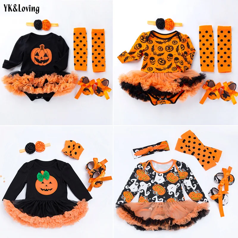 

Baby Girl Cute Long Sleeve Romper Dress Halloween Infant Costume Pumpkin Dress Four-Piece Set