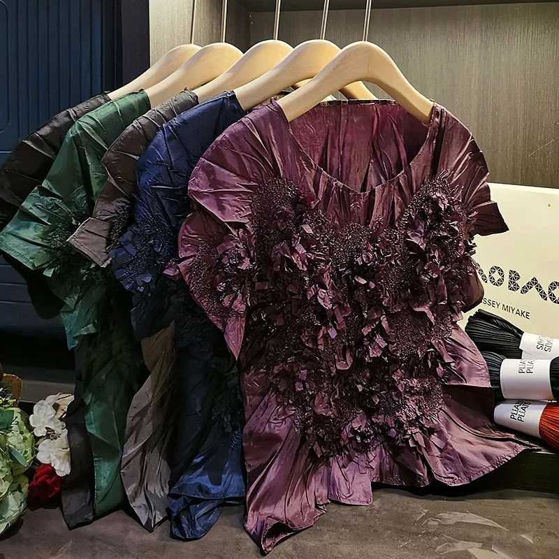 NOVEDAD DE VERANO 2025, camiseta plisada hecha a mano elástica fina de manga corta Miyake, ropa elástica versátil a la moda para mujer