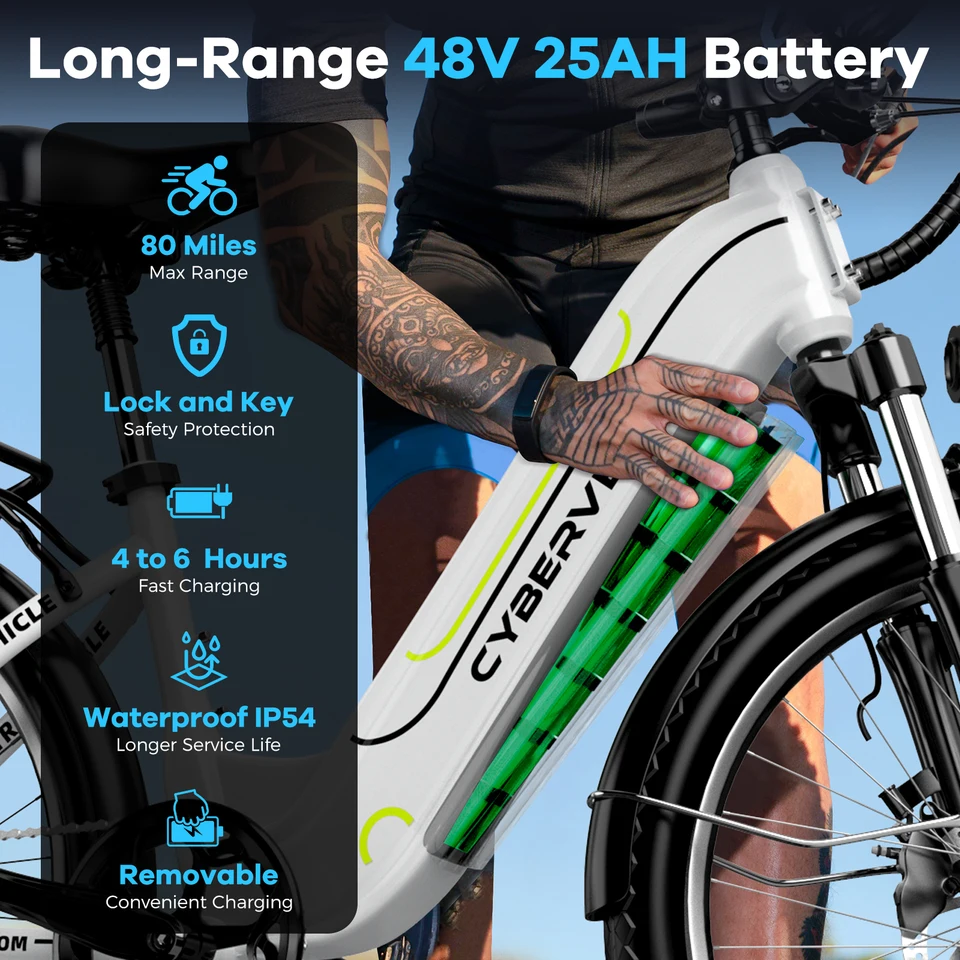Cybervelo 1000W Peak Electric Bike 26 Inch Removable Battery 7-Speed Ebike for Adults up to 80 Miles Commute Beach Snow Suitable for Women And Men EK7 EK10 image 10