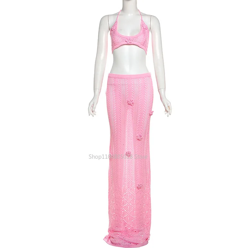 Knit Camisole Top Two Piece Sexy Beach Vacation Long Skirt Set Sleeveless Backless Elegant Casual Female Coverup Set