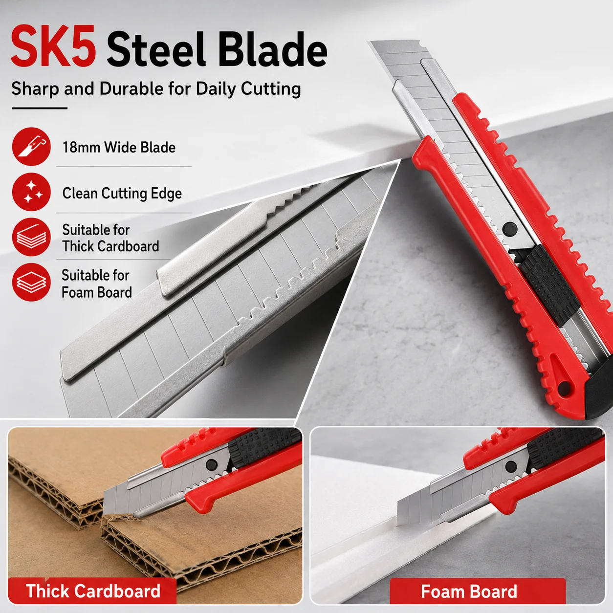 18mm Retractable Utility Knife SK5 Snap Off Blade Auto Lock Box Cutter ABS Handle for Carton Foam Board Office DIY