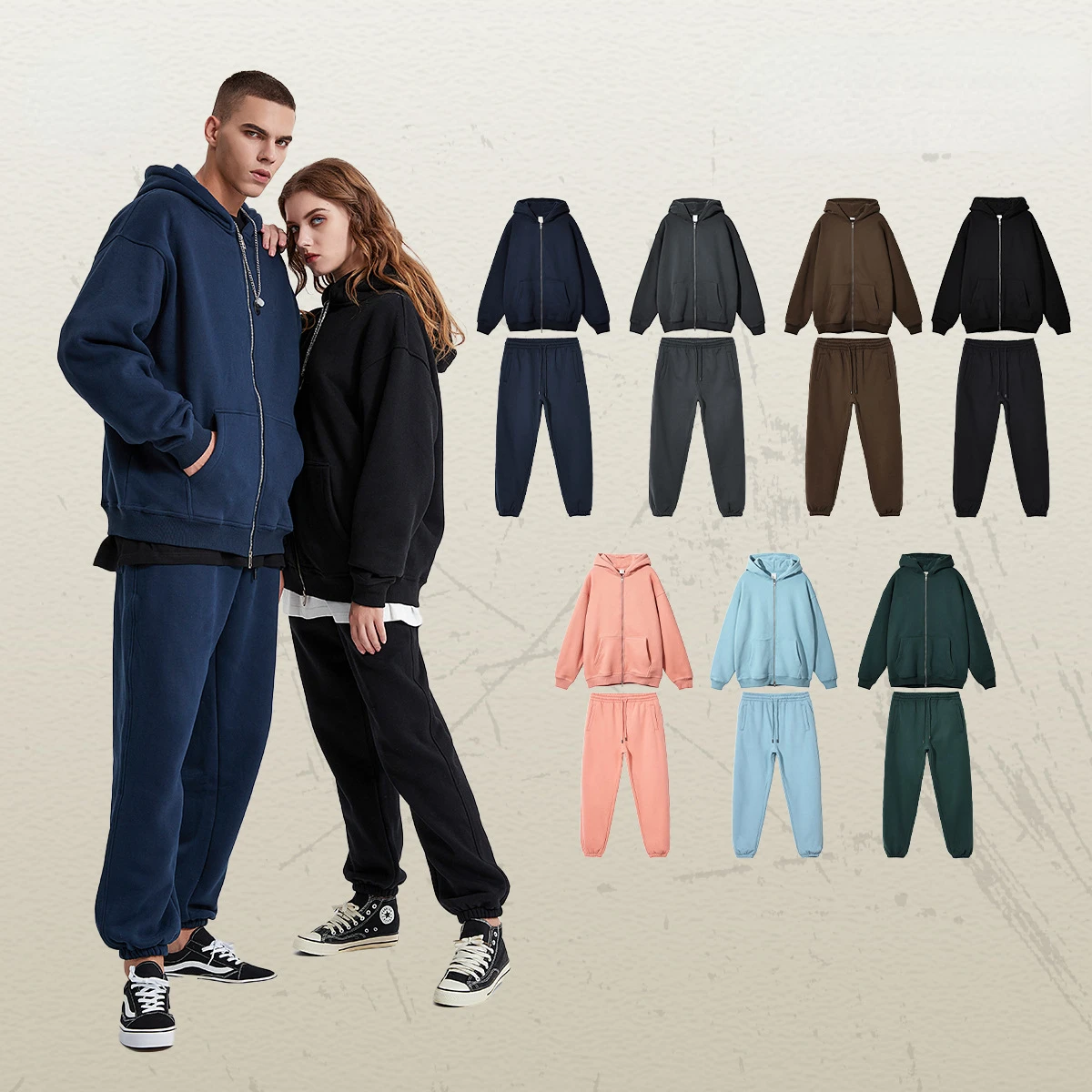 2023 autumn and winter double-head zipper sweater plus velvet men's and women's same jacket casual sports pants 2-piece set