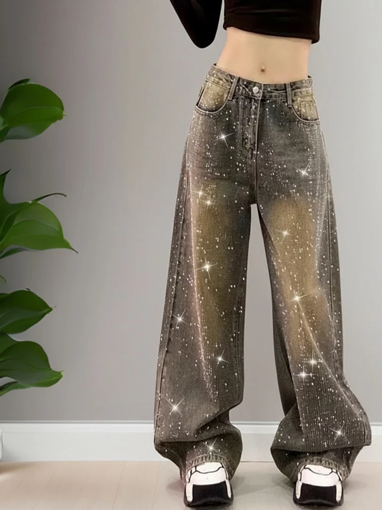 

Retro Heavy Duty Shiny Rhinestone Design Distressed Denim High Waist Straight Leg Wide Leg Pants Women's Spring New Arrival