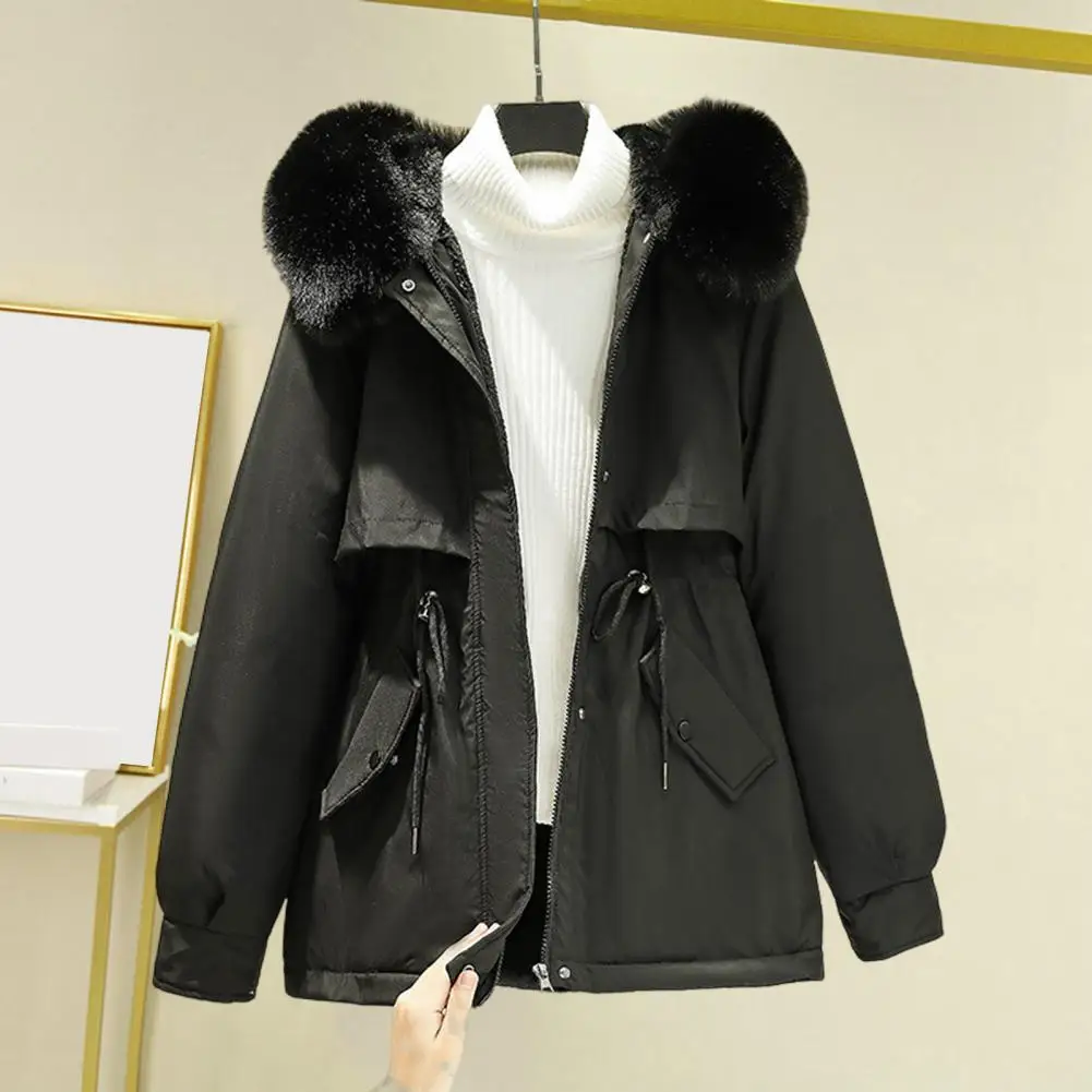 Winter Women's Jacket Furry Hood Long Sleeve Pocket Cotton Coat Zipper Medium Length Solid Color Windproof Warm Coat