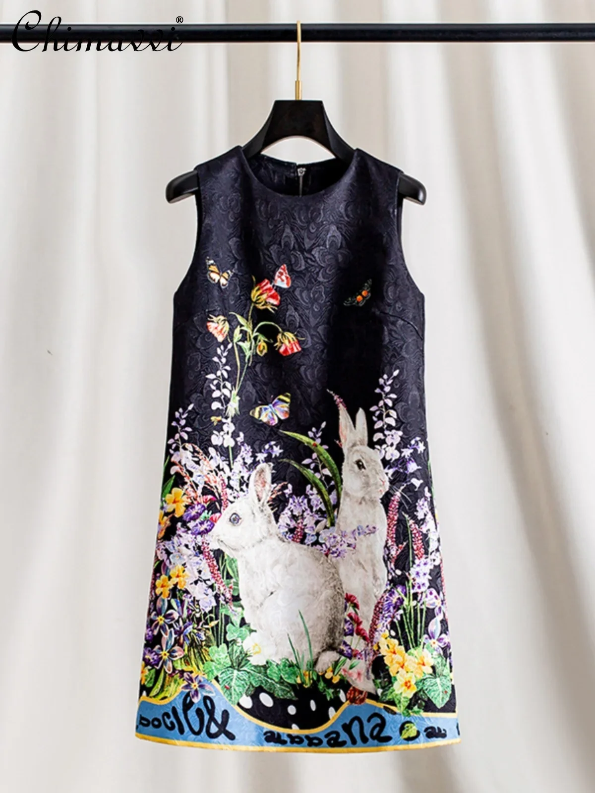 Chinese Style Elegant High Grade Jacquard Animal Flower Print Round Neck Sleeveless A-line Temperament Short Dress Women Autumn