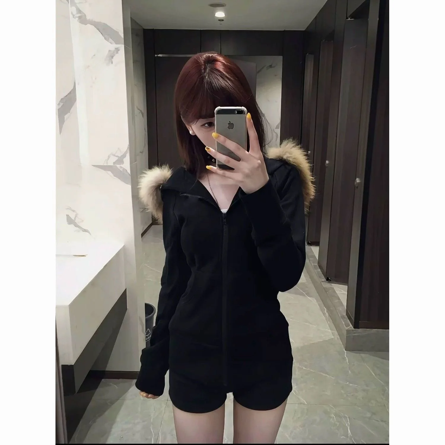 American Retro Y2K Winter Vintage Long Sleeve Furry Zipper Hoodie Jacket Slim Fit Waist Cinched Subculture Style Women's Sweater