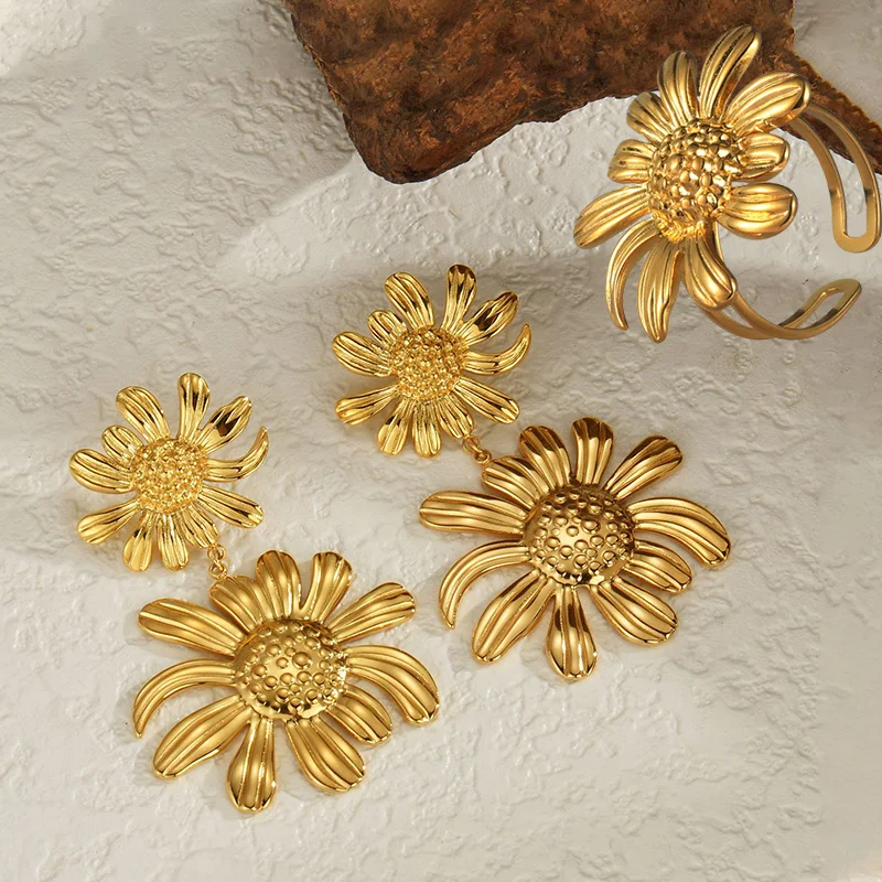 Vintage modne kolczyki ze słonecznikiem palec serdeczny dla kobiet pozłacany zestaw biżuterii ze stali nierdzewnej akcesoria Party prezent hurtowo