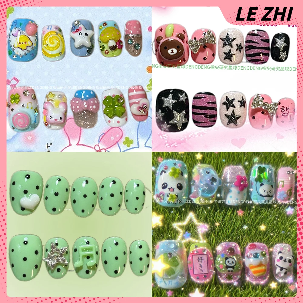 

Y2K Cartoon Cat Bear Rabbit Short Handmade Nail Party Sticker 3D Diamond Bowknot Four-Leaf Clover Mushroom Wearable Fake Nail