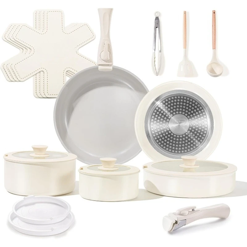 

Ceramic Nonstick Pots and Pans Set 19 Piece with Detachable Handle, Induction Dishwasher Oven Safe Cookware Set, RV