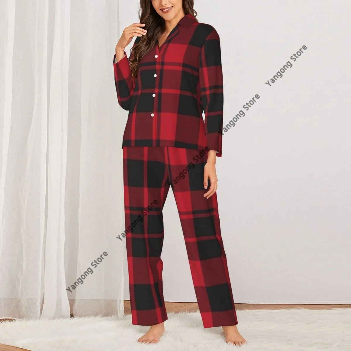 Spring and Autumn Long Sleeve Pants Pajamas Loungewear Set Red Plaid Checkered Tartan Women's Pull Edge Loose Sleeping Suit