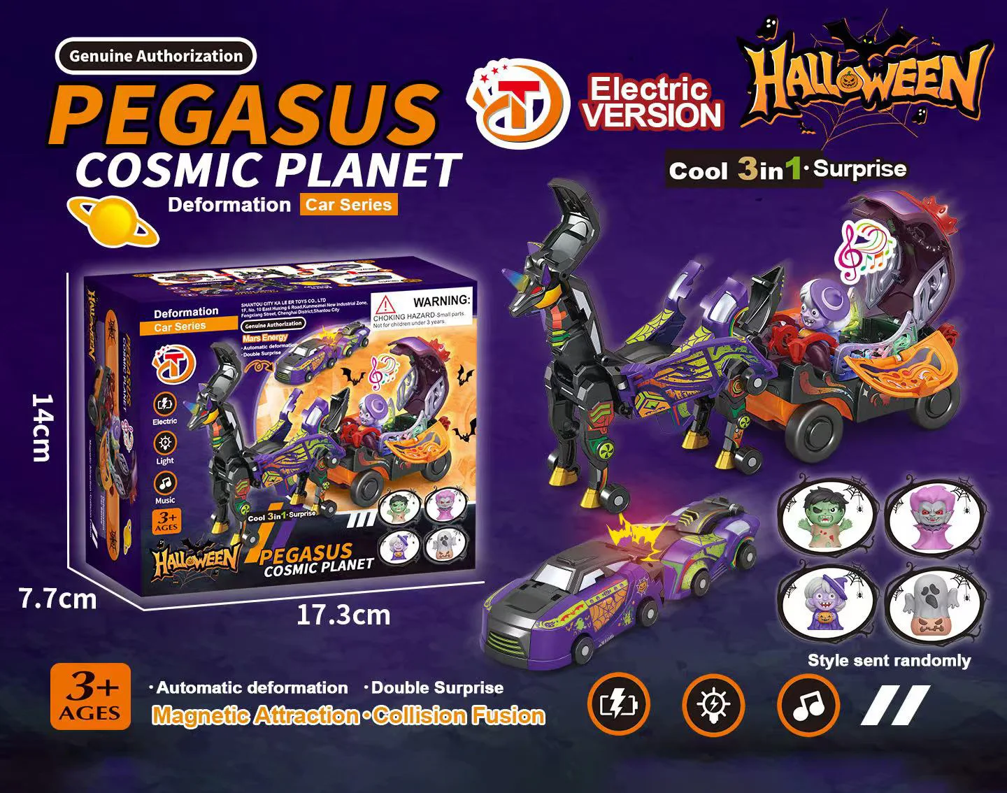 Halloween 3-In-1 Transforming Pegasus Unicorn Action Toy, Crash-Change Winged Horse Fun Model For Boys' Play