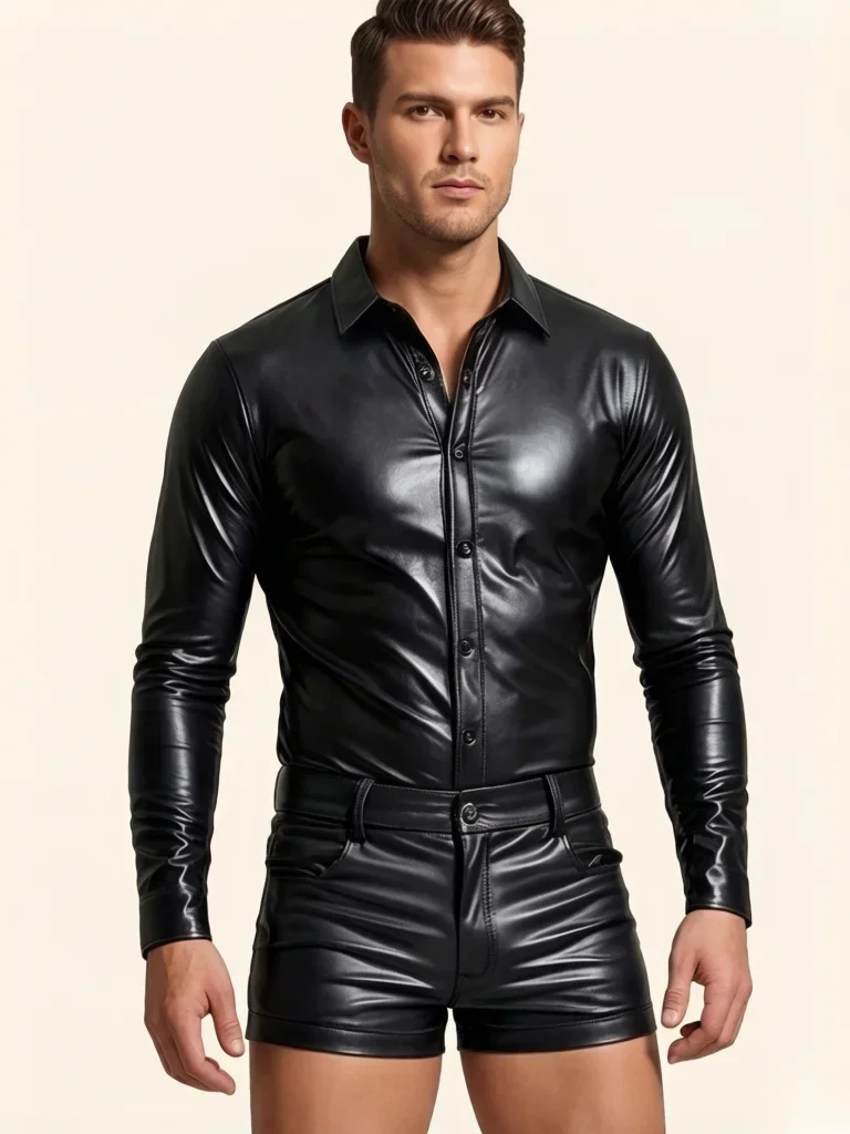 Fashion Latex Ammonia Shiny Men's Shirts Long Sleeve Button Open PU Faux Leather Nightclub T-shirts Man  Stage Performance Tops