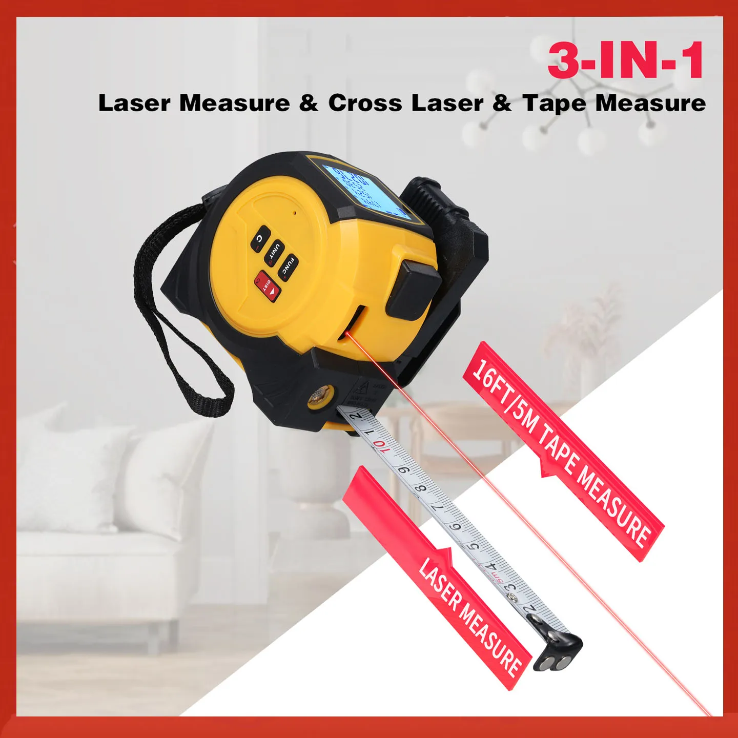 Laser Tape Measure 3in1 Laser Measure Level-5M Tape Measure with Pythagorean Area Volume Measurement M/ft/in Unit
