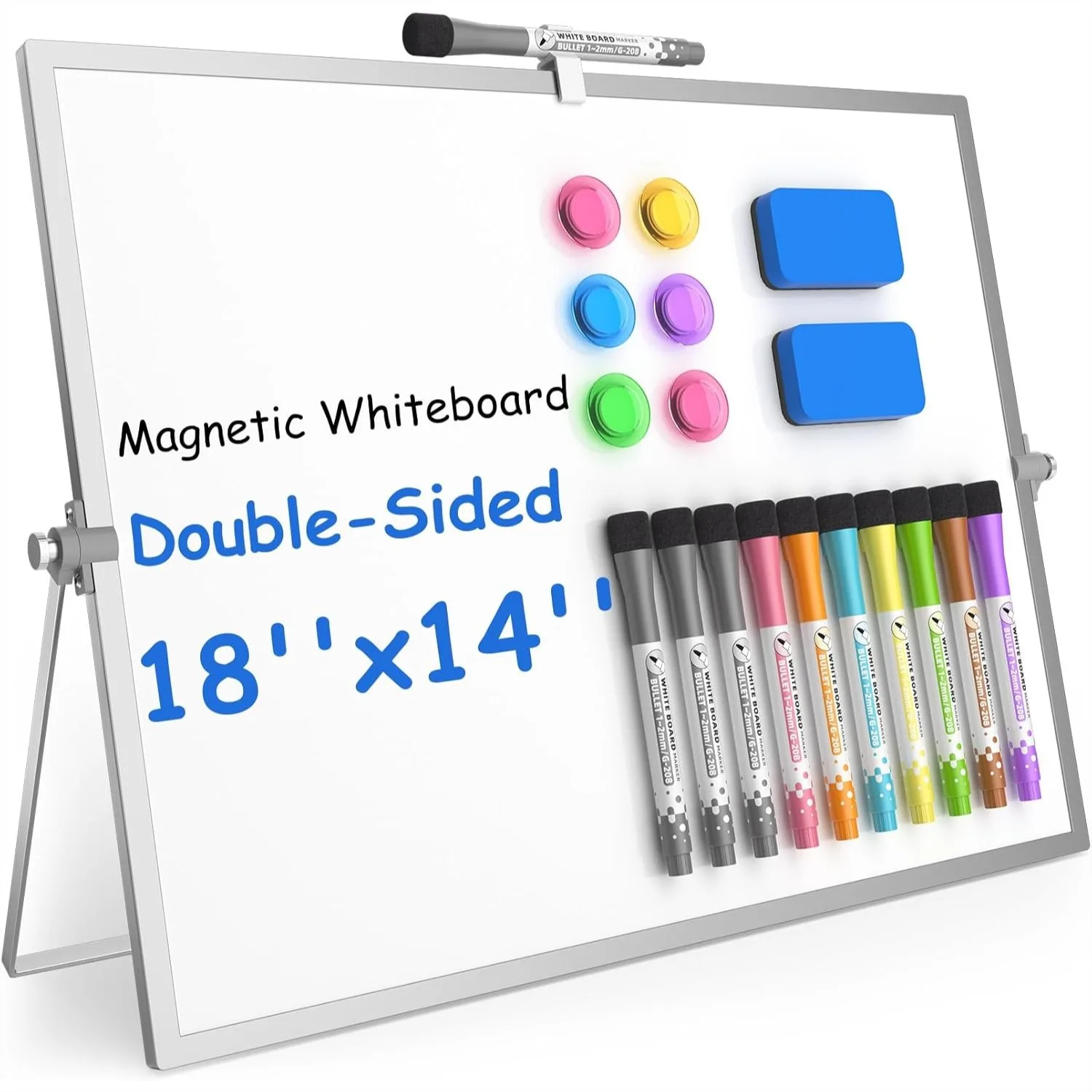 

Double-Sided Magnetic Dry Erase Board with Stand, 18x14in Portable Desktop Whiteboard for Kids and Office, with Markers