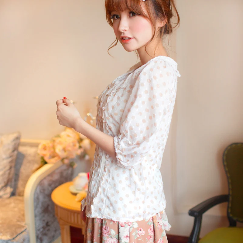 Japan Liz Lisa Cotton Crepe Lace Collar Dot Printed Half Sleeve Shirt