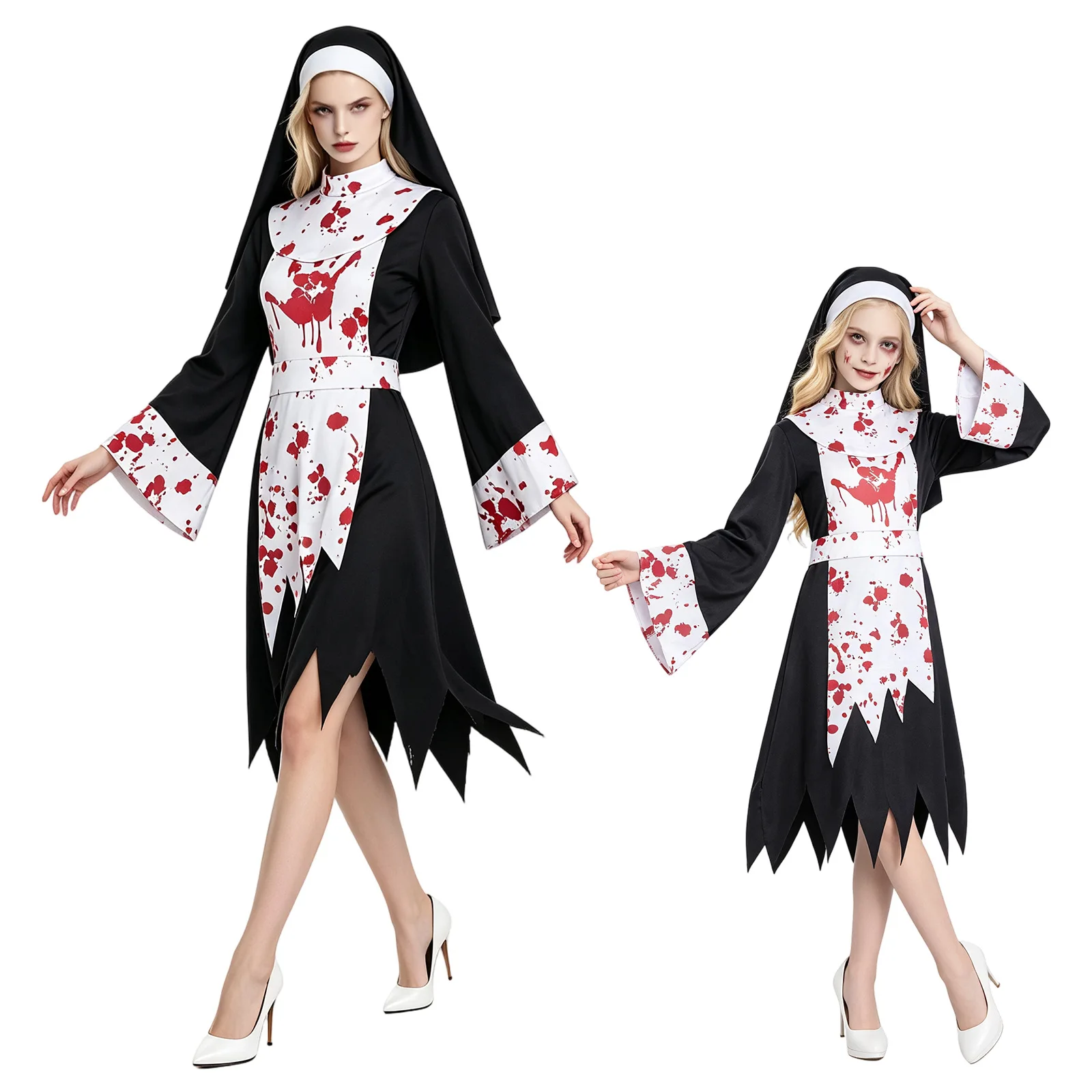 Horror Bloody Alice Cosplay Maid Dress, Zombie Vampire Nurse Nun Costume, Scary Halloween Party Performance Fancy Outfit view 5