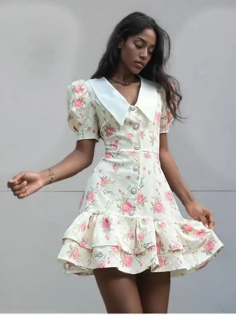 Süßes Blumenprint-Kleid mit Rüschensaum, schickes A-Linien-Kleid mit Revers und Puffärmeln für Damen, Sommer 2026, Freizeitkleid für den Urlaub, neu 540U