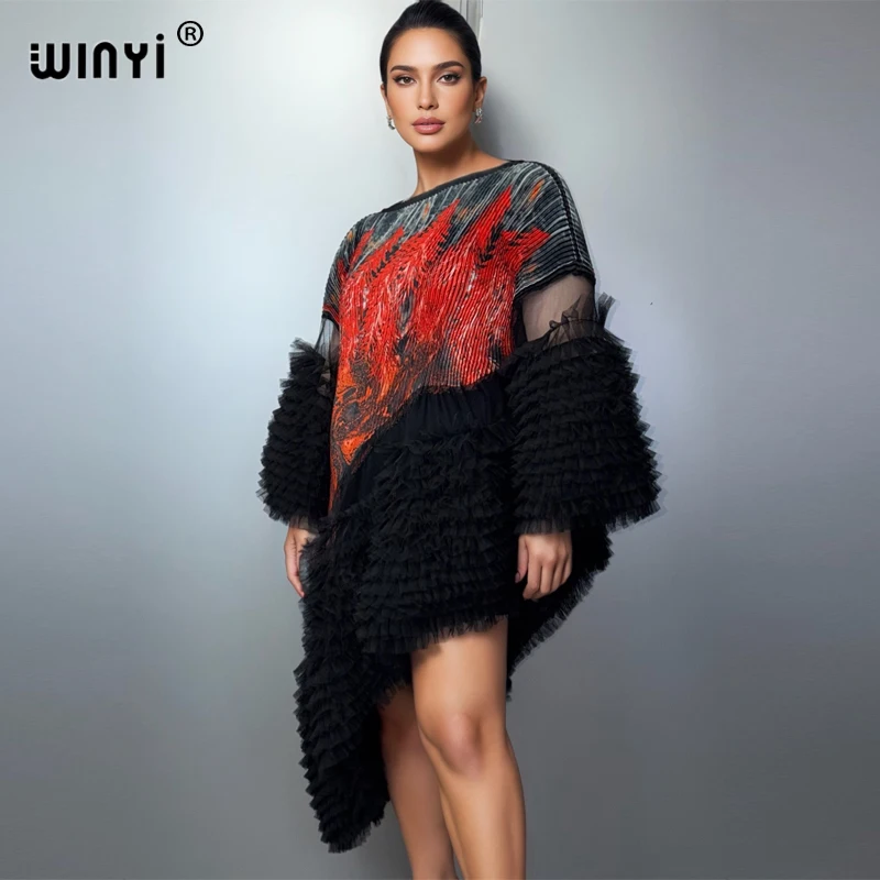 WINYI Unregelmäßiges Kaftan-Kleid im Dubai-Stil, Plissiert mit Elastischen Puffärmeln, Strandkleid, Luxuriöses Party- und Abendkleid für den Urlaub – Detail 1