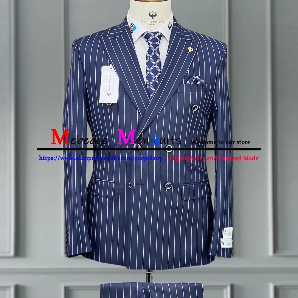 Double Breasted Men's Suits 2 Pieces Blue Stripe Business Male Suits Slim Fit Groom's Wedding Suit Tuxedo Fashion Men Clothing