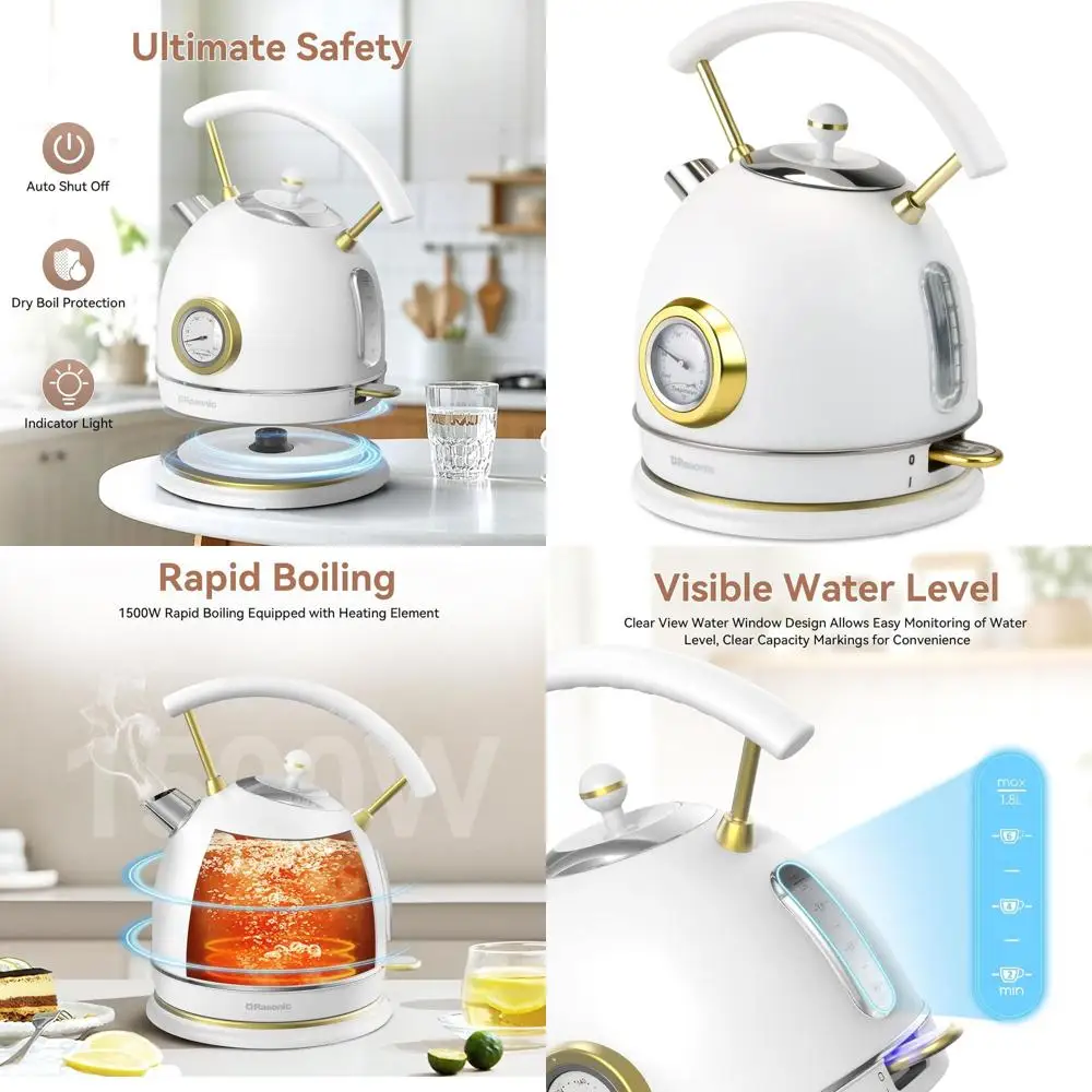 

1.8L Stainless Steel Electric Kettle, 1500W Fast Boil, Quiet Operation, Temperature Gauge, Auto Shut-Off, Boil-Dry Protection, W