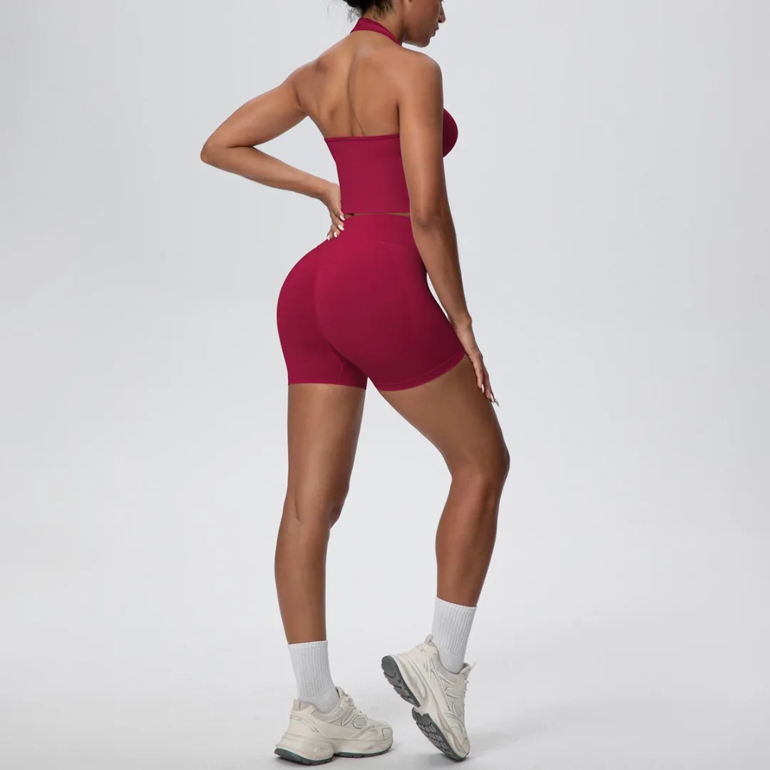 

Комплект для йоги с высокой талией и подъемом бедер, спортивный дышащий жилет с открытой спиной и лямкой на шее, костюм для бега, тренировочная одежда, спортивная одежда для спортзала