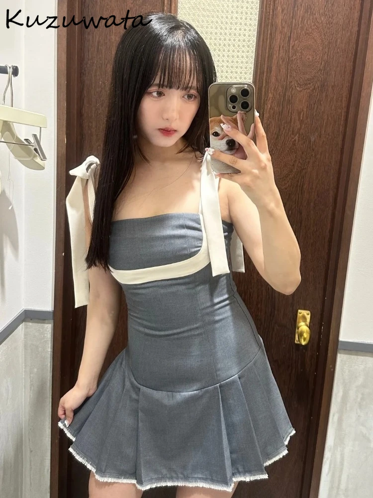 

Kuzuwata Minority Elegant Panelled Bow Ropa Mujer Sling Pleated Ball Gown Casual Robe Japan Student Preppy Style Moda Slim Dress