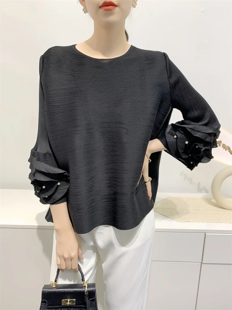 Imagem -06 - Miyake T-shirt Tops Mulheres 2023 Novas Mangas Carven Design Frisado Solto Plissado Roupas Palito Plissado Conforto e Casual Top