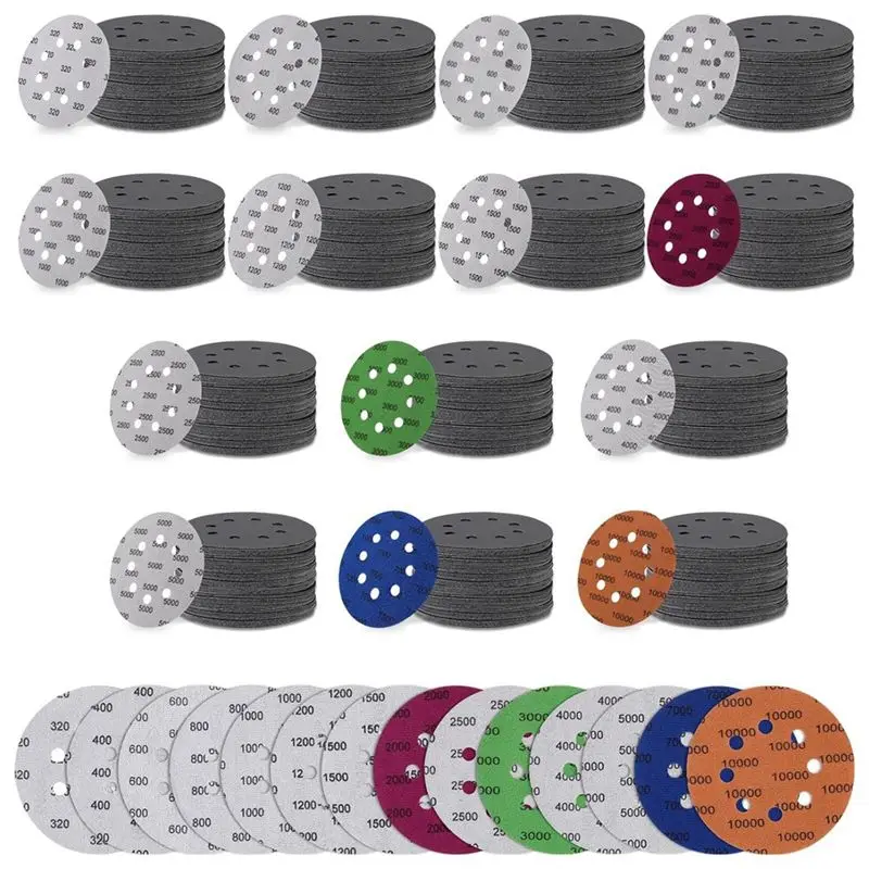 

AEE6-200 Pcs Sandpaper 5 Inch 8 Holes Hook And Loop Wet Dry Sanding Discs Assorted Grits, Orbital Sander Pads For Polishing