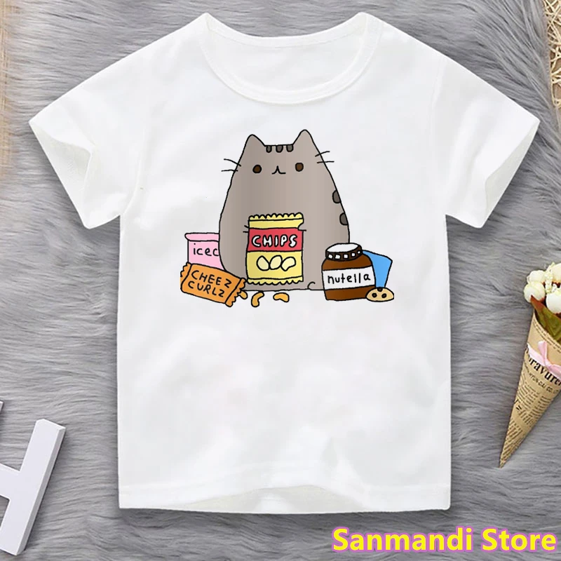 New Funny Coffee Cat Cartoon Print Tshirt for Girls/Boys Kids Clothes Nutella White T Shirt  Kawaii Children Clothing Tops