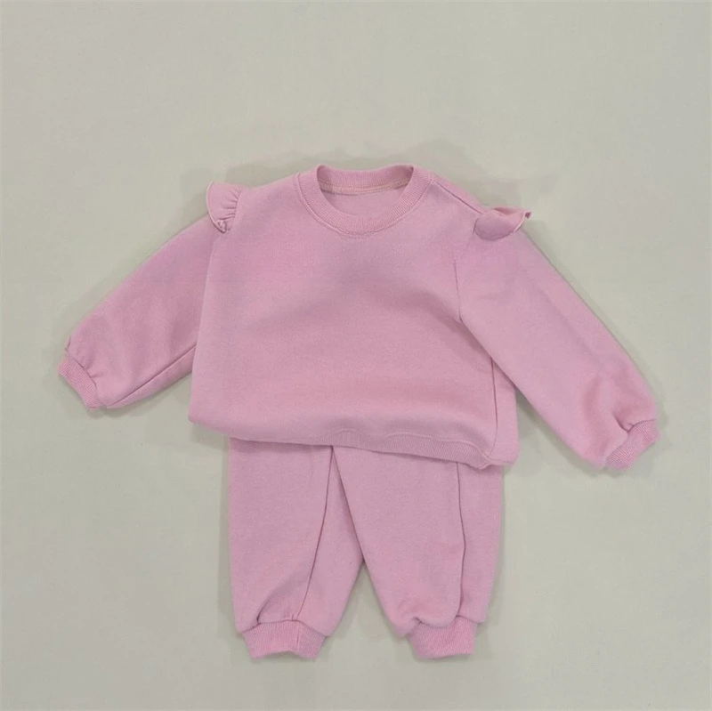 2025 novas meninas cor sólida conjunto com capuz outono em torno do pescoço manga longa pulôver & calças roupa de duas peças idades 2-6