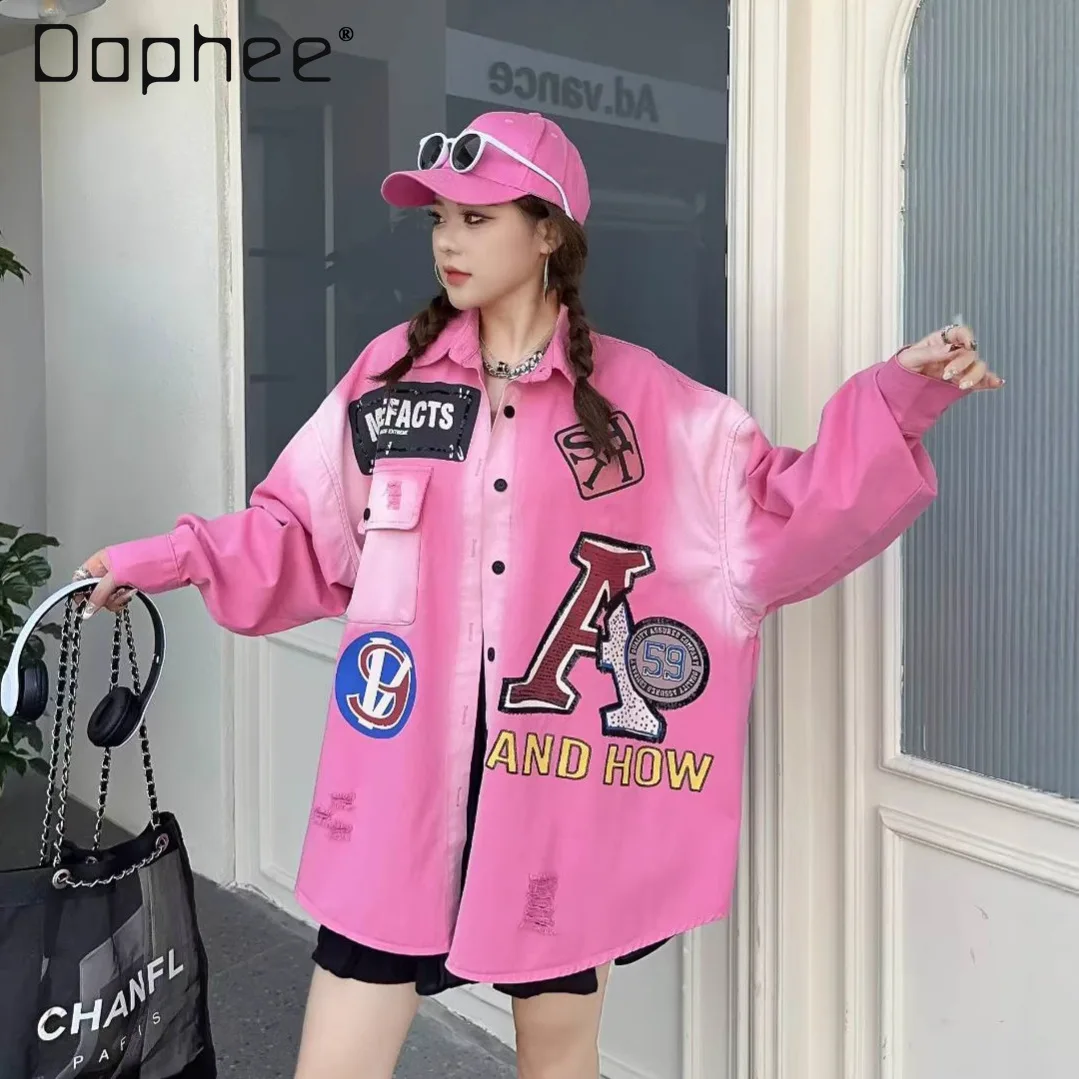 

European Style Cool Heavy-Duty Denim Shirt for Women Spring and Autumn New Mid-Length Loose Versatile Letter Print Sequin Jacket