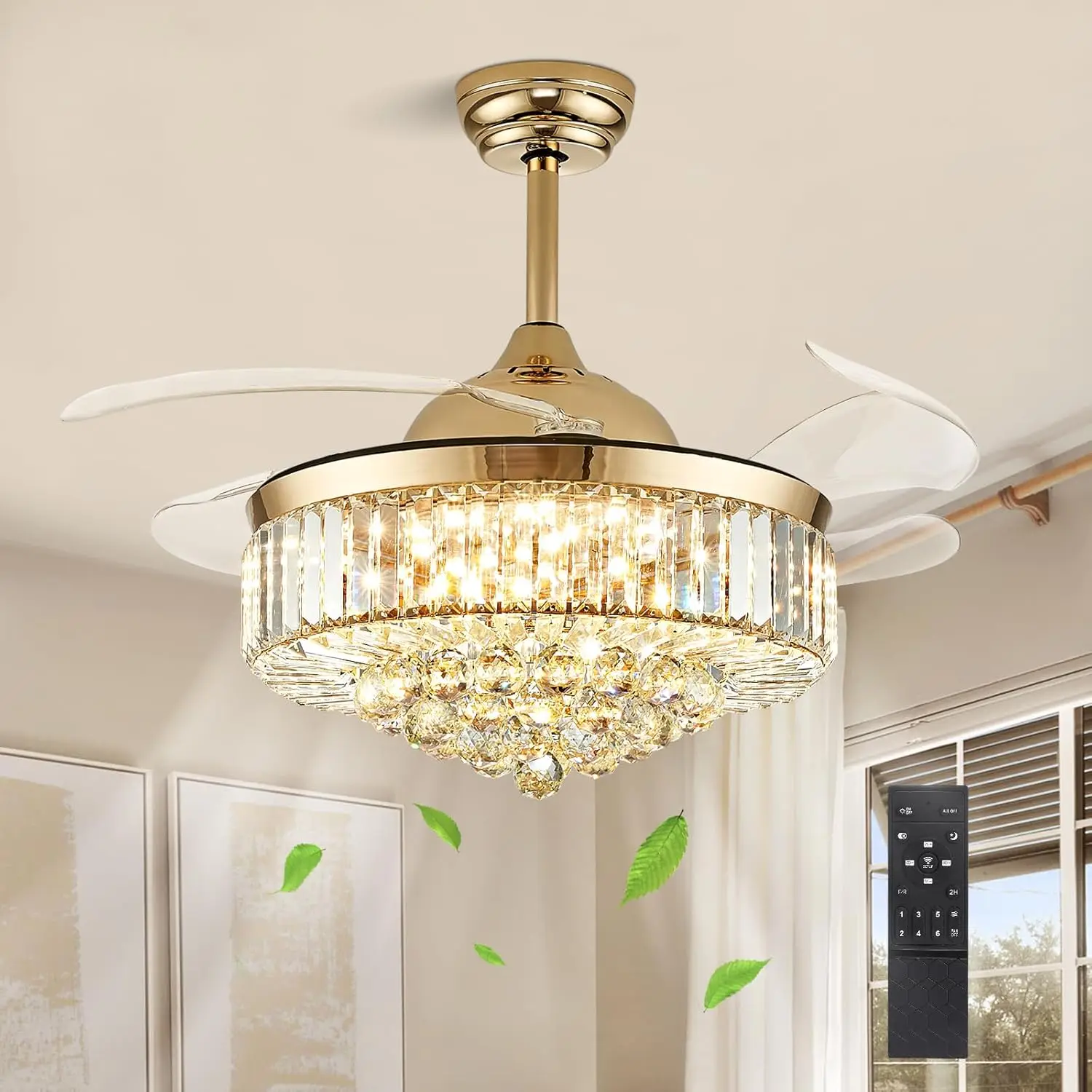 

42 Inch Gold Fandelier Ceiling Fan with Light, Crystal Ceiling Fan with Lights and Remote, LED Dimmable Chandelier Fan with Invi