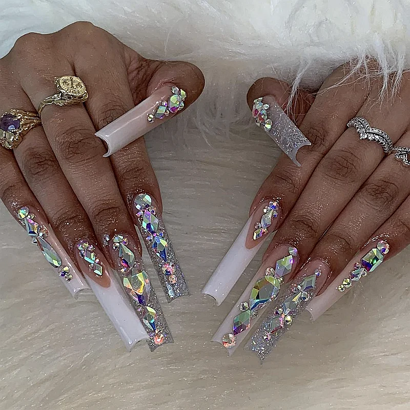 Handmade Bling Rhinestone 3XL Press On Nails Luxury Long Coffin Stiletto False Nail Tip Reusable Fake Nail Party Acrylic Nail