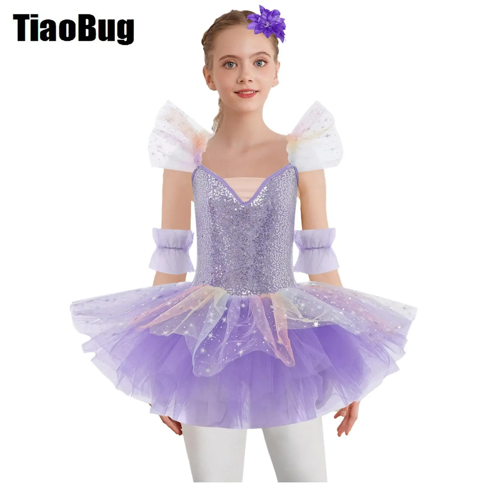

Girls Ruffled Sleeves Ballet Tutu Dress Adjustable Shoulder Straps Sequins Layered Dress with Headwear Cuffs Stage Performance