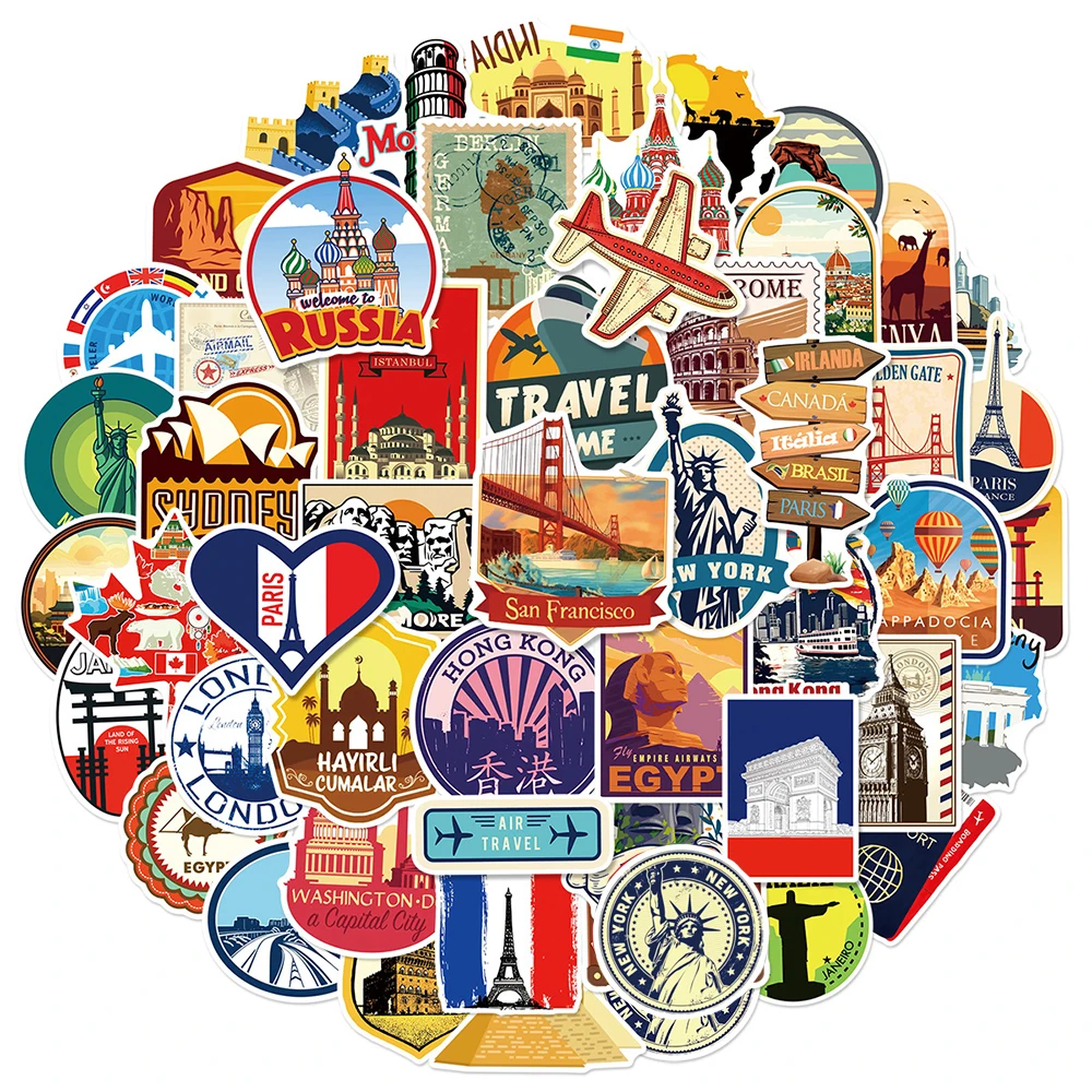 10/30/50 pçs retro mundo viagem cidade paisagem dos desenhos animados adesivos estéticos à prova ddiy água diy telefone notebook dos desenhos animados graffiti decalques