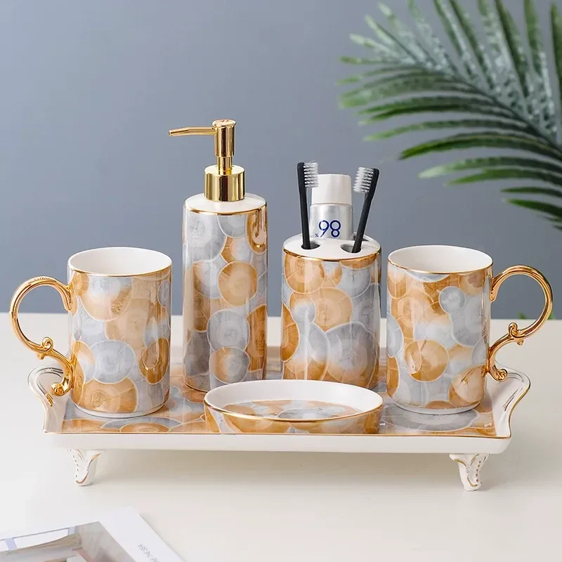 Light Luxury European Ceramic Bathroom Toiletries Set 5 or 6 Piece Brushing Cup Toilet Accessories Kit Elegant Home Decor