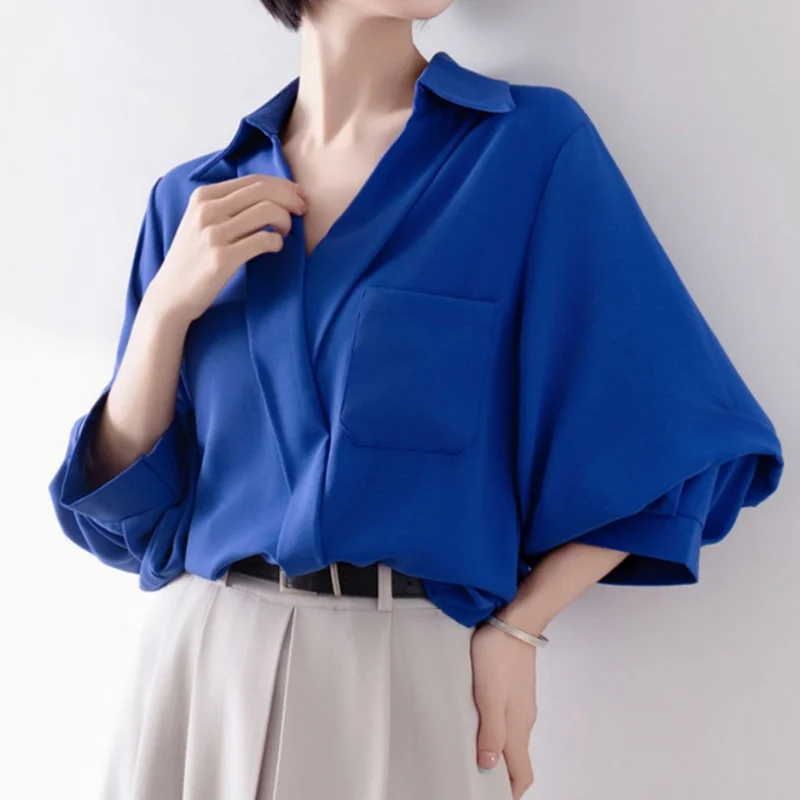 

Летние синие женские блузки с перекрестным v-образным вырезом, новинка 2025 года, элегантные корейские офисные женские рубашки с короткими рукавами, повседневные свободные женские рубашки