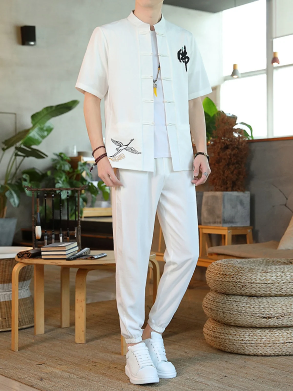 

Summer ort Sve Embroidered Cotton Linen irt Stand Collar Tang Suit Long Pants Two Piece Set Men's Ethnic Clothing