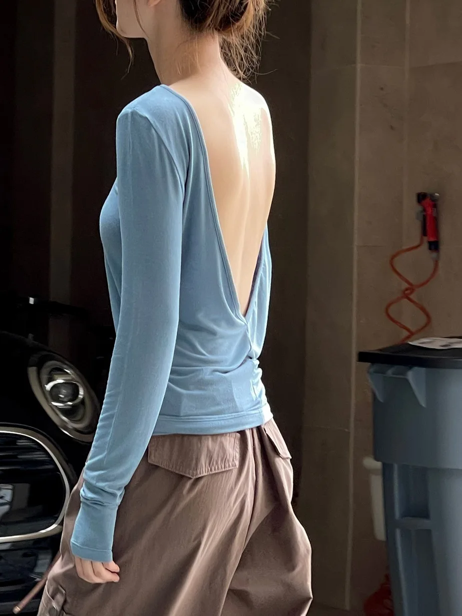 2026 New Women Long Sleeve Tees Back Deep V--Neck Sexy High Stretch T Shirts Women Clothes image 5