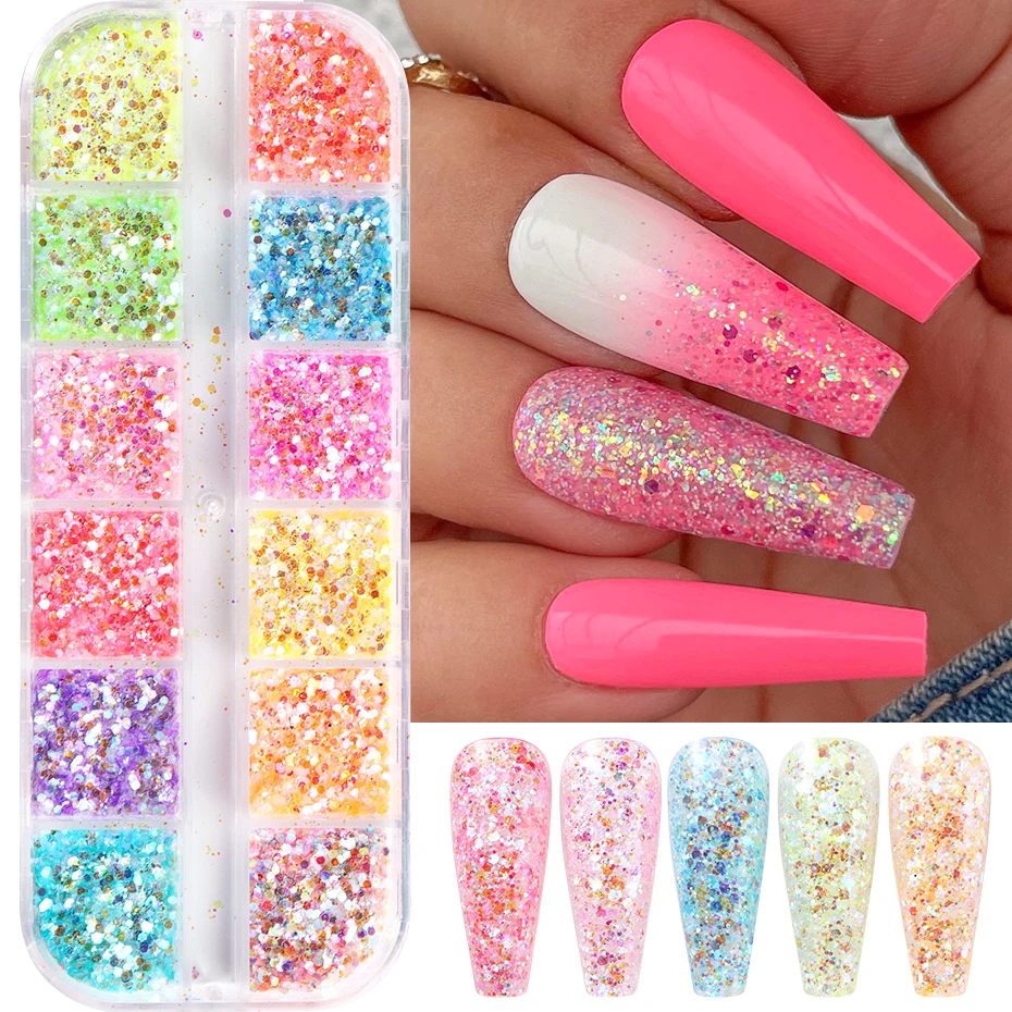 Pó de glitter para unhas 3d, sereia, iridescente, cristal colorido, brilhante, arte de unha, flocos holográficos, lantejoulas hexagonais, decorações de unhas