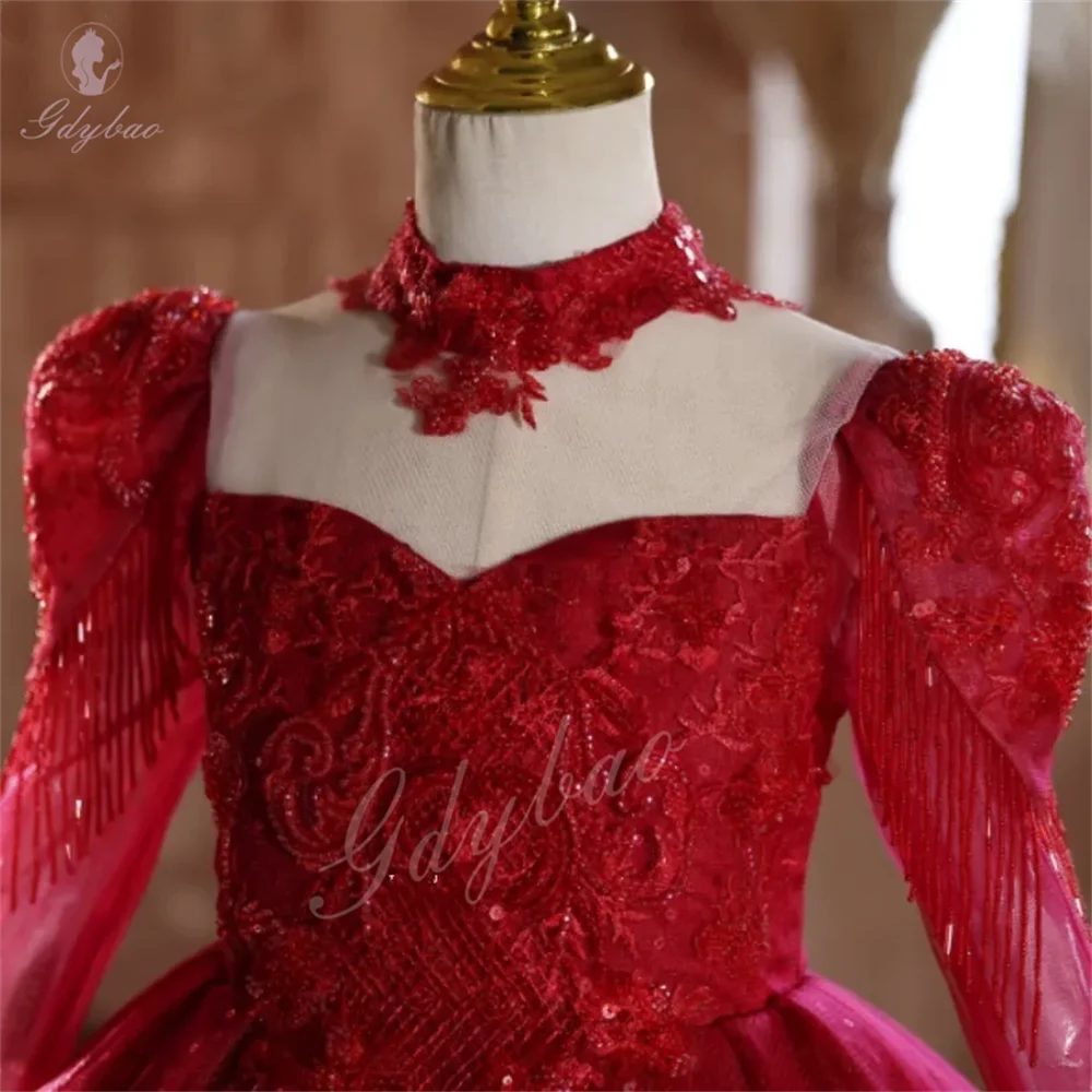 

Красное платье принцессы для девочек на заказ, пышное бальное платье, водолазка, вечернее платье с длинными рукавами для выступления на фортепиано