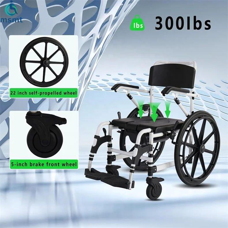Black Folding Shower Commode Wheelchair Beside Commode Chair With Padded Seat Waterproof Rolling Shower Chair With Armrests