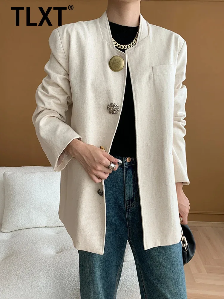 

TLXT женский офисный женский свободный пиджак с круглым вырезом, однобортный элегантный пиджак с длинными рукавами, новинка весны 2024, XK1019