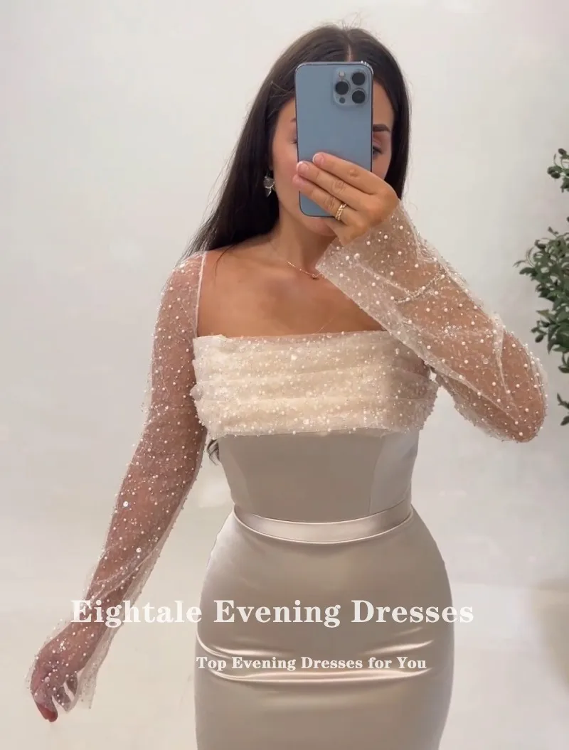 Eightale champanhe noite vestidos com saia destacável personalizado mangas compridas Prom Party vestido casamento sukienki na studniówkę