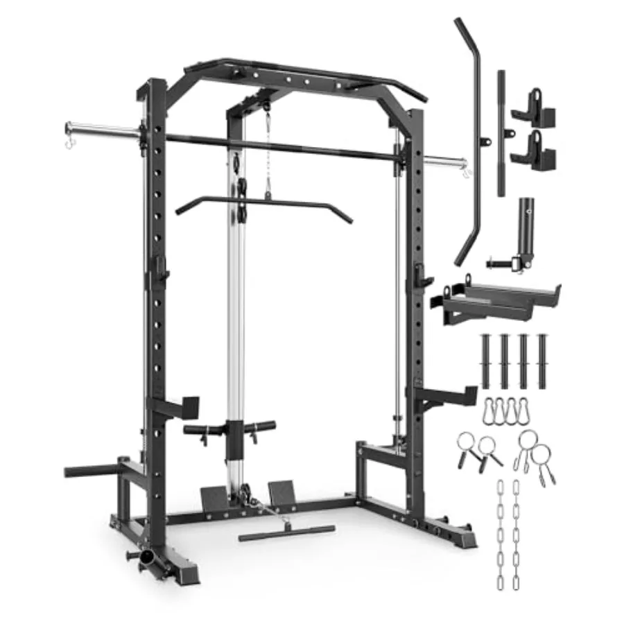 

Home gym Smith machine with steel barbell bar, black finish, heavy-duty cable system and LAT pulldown attachments for full-body