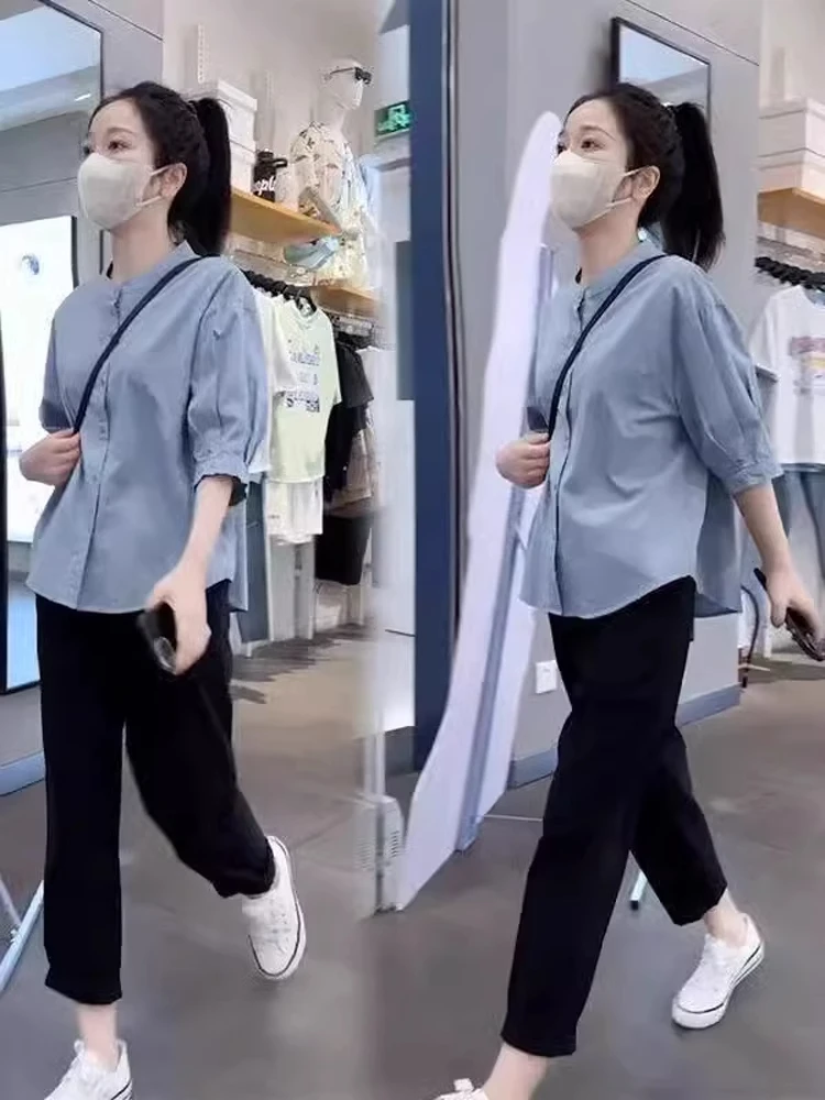 Fashionable Short Sleeve Shirt And Pants Set Women's Summer New Style Slimming Casual Wear Two-Piece Suit round Neck Button up