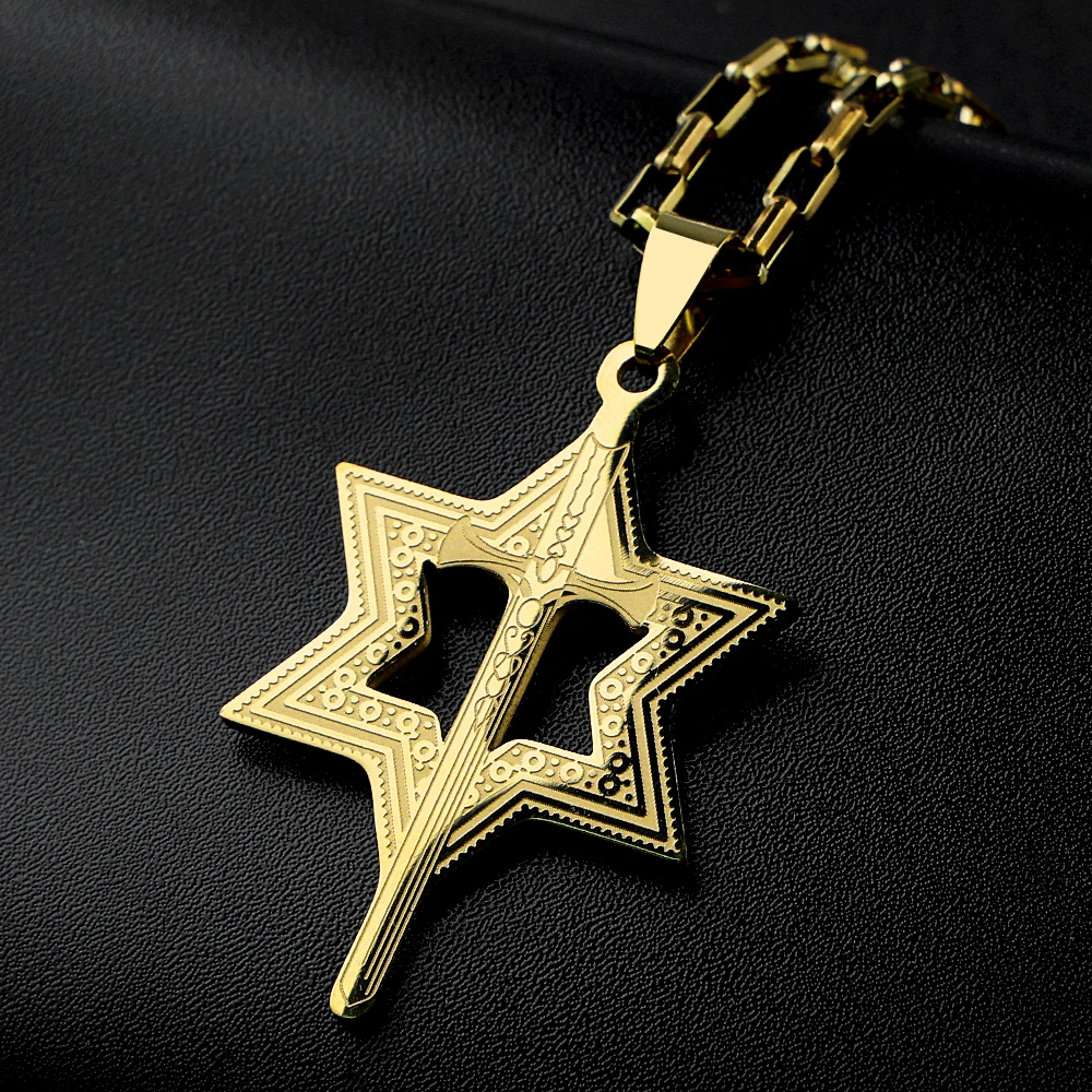 Israel Jewish Star of David Sword Stainless Steel Pendant Necklace for Men Women Gold Color Hexagram Chain Necklaces Jewelry