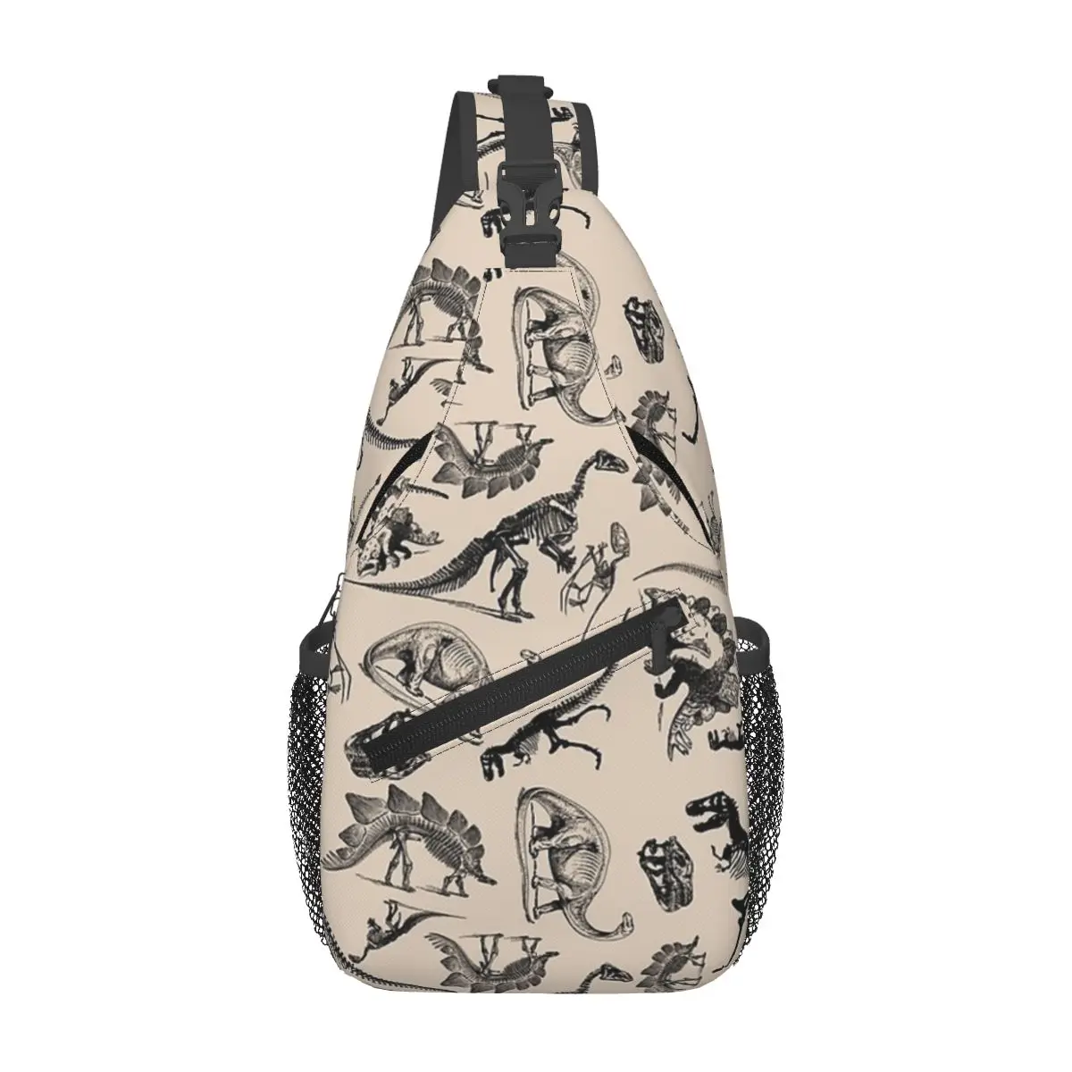 Vintage Museum Dinosaurs And Skeletons Black And Cream Chest Bag Men Sling Crossbody Backpack Chest Bag Daypack Shoulder Bag